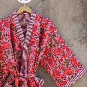 Indian Handmade Cotton Quilted Jacket, Vintage Free Size Cotton Quilted Overcoat Kimono Women&#39;s Bohemian Long Coat with Belt, Gift for Her
