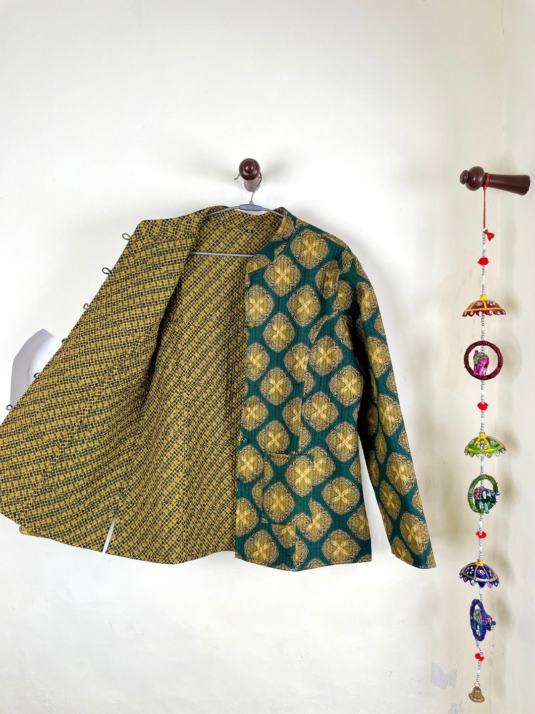 Indian Handmade Quilted Cotton Fabric Jacket Stylish Yellow & Green