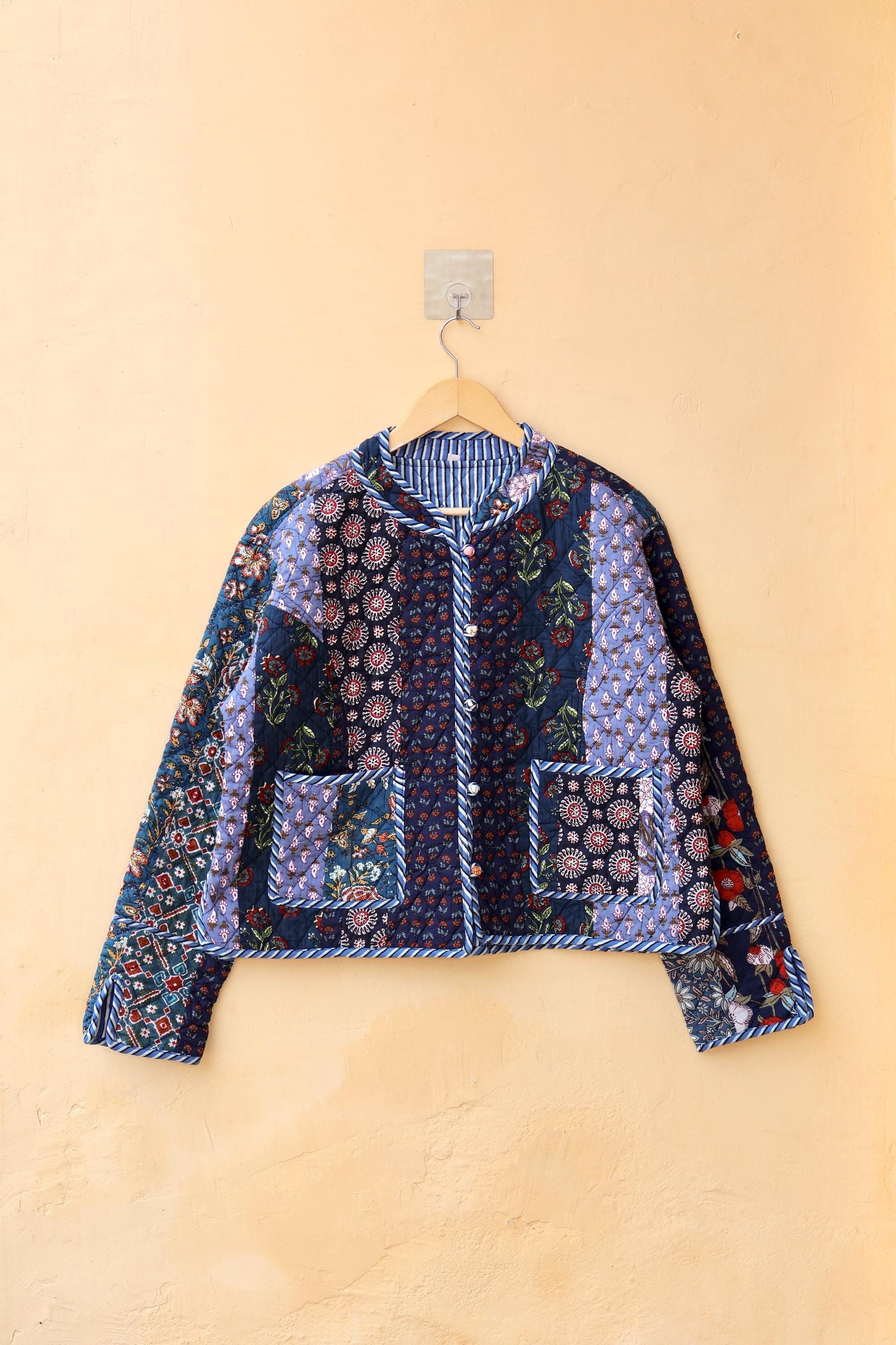 Handcrafted Cotton Quilted Patchwork Jacket, Boho Floral Reversible Coat – Vintage Kantha Kimono Style Short Jacket for Women, Gift for Her