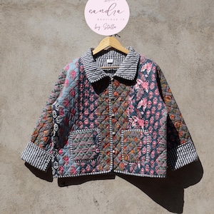 Handcrafted Cotton Quilted Patchwork Jacket, Boho Floral Reversible Coat – Vintage Kantha Kimono Style Short Jacket for Women, Gift for Her
