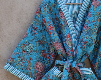 Handmade Indian Cotton Quilted Kimono Robe, Bohemian Floral Overcoat