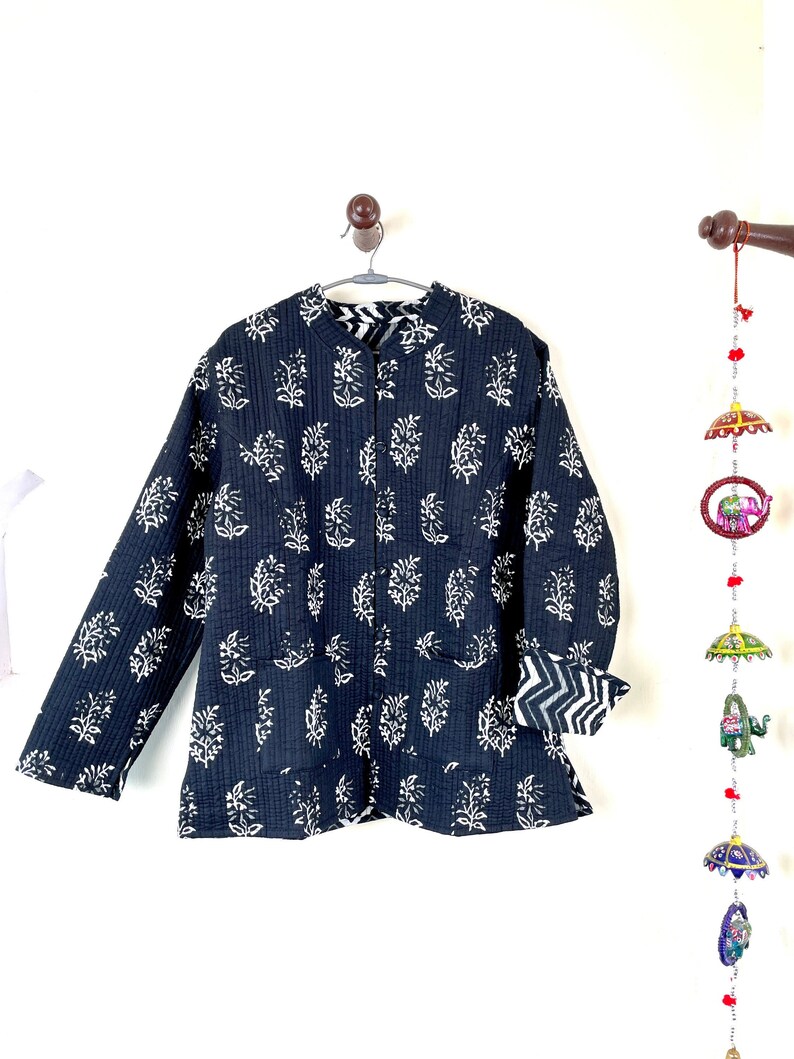 Indian Handmade Quilted Cotton Fabric Jacket Stylish Black & Etsy