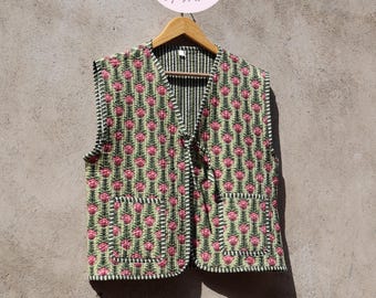 Handmade Cotton Quilted Vest Vintage Indian Green Floral Kimono Gilet New Style Women's Outerwear Waistcoat Boho Spring Jacket Gift for Her