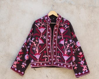 Handmade Suzani Embroidered Cotton Kimono Jacket, Boho Coat