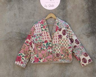 Floral Cotton Kantha Quilted Jacket, Hand Block Print, Boho Coat