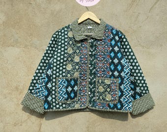 Handmade Patchwork Cotton Quilted Jacket, Reversible Boho Coat