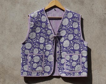 Handmade Cotton Quilted Vest: Vintage Indian Floral Kimono Style
