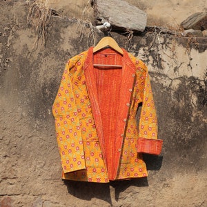 Hand Block Printed Cotton Quilted Jacket, Kantha Stitch Kimono Robe