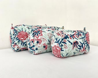 Trousse de toilette matelassée en coton, élégante trousse de toilette en tissu imprimé floral à la main, lot de 3 trousses de maquillage vert et rose, cadeau pour elle, elle