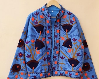 Handmade Suzani Embroidered Cotton Kimono Jacket, Boho Coat