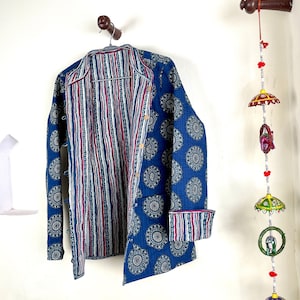 Cotton Handmade Kantha Jacket, Womens Clothing Quilted Reversible Coat, Kimono Indian Hand Printed Vintage Boho Vest Valentines Gift for Her
