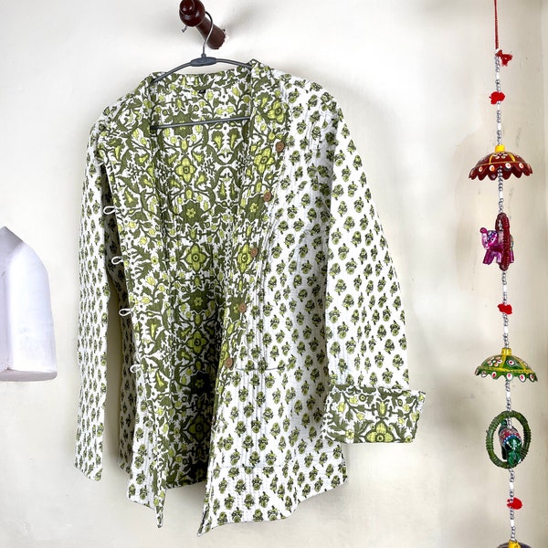 Indian Handmade Quilted Cotton Fabric Jacket Stylish White & Green Floral Women's Coat, Reversible Waistcoat for Her