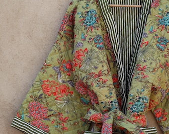 Handmade Indian Cotton Quilted Kimono Jacket, Bohemian Floral Overcoat