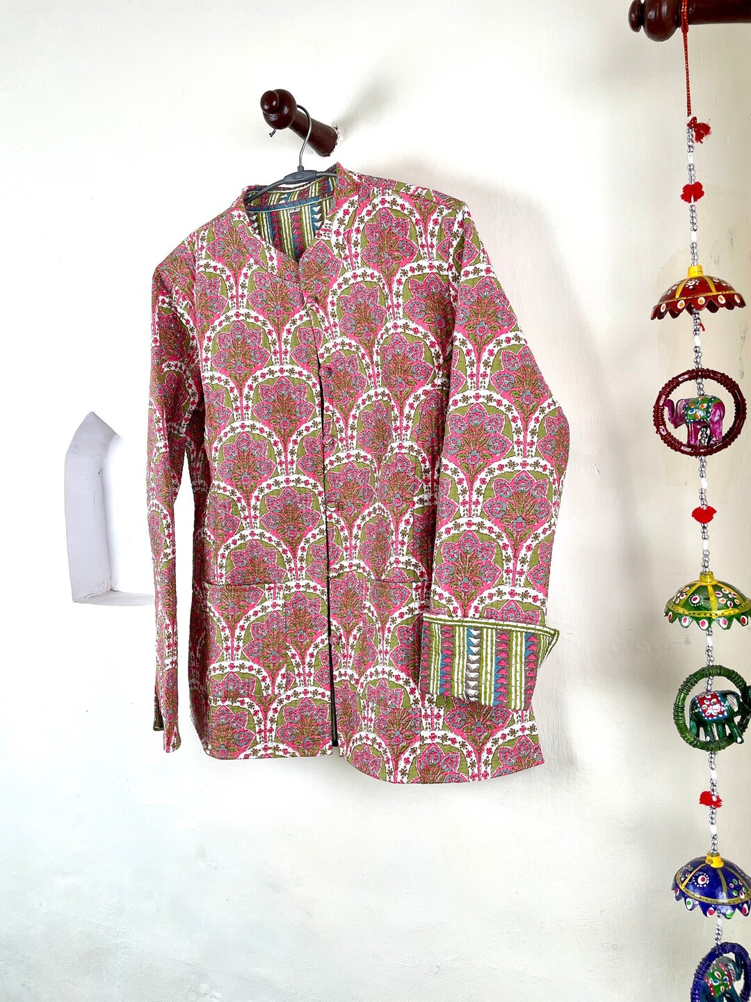 Indian Handmade Quilted Fabric Jacket Stylish Pink & Green Women's Coat, Reversible Jacket for