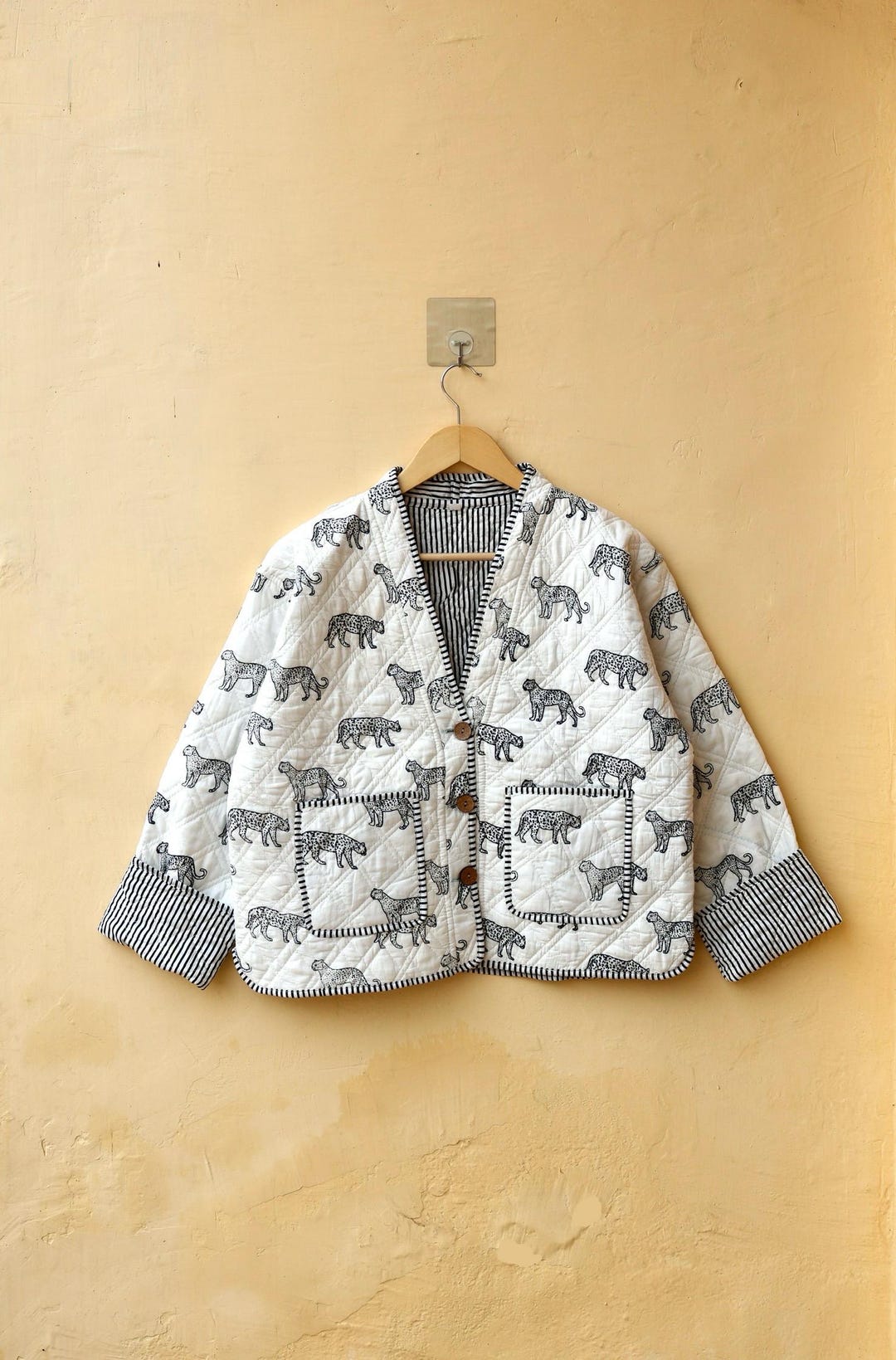 アメリ ヴィンテージ　新品未使用INDIA BLOCK PRINT JACKET Indian Block Print Fabric Quilted Jacket Short Kimono Stripe