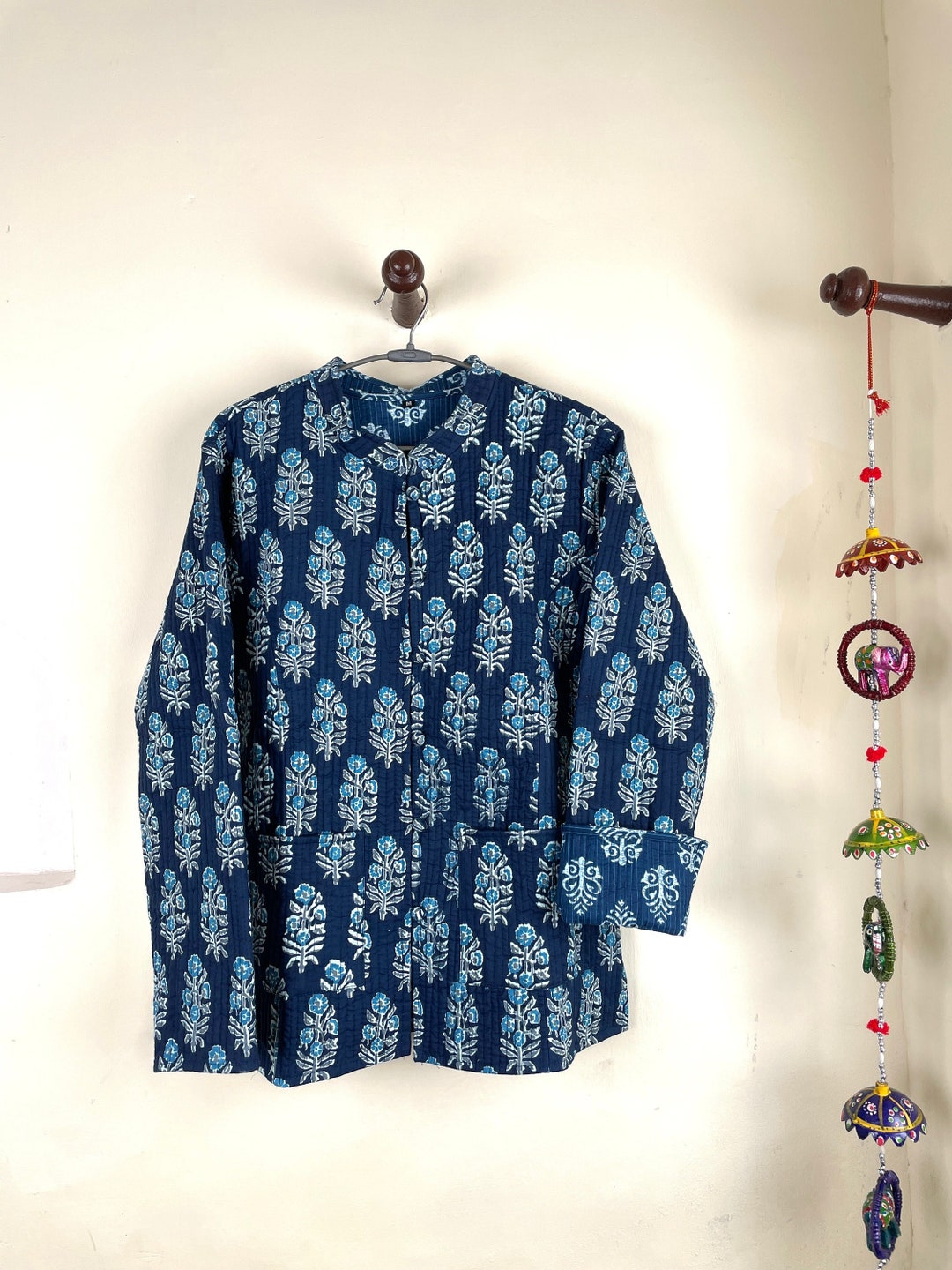 Indian Handmade Quilted Cotton Fabric Jacket Stylish Blue & - Etsy
