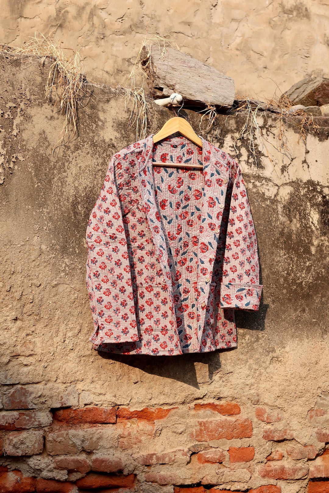 Indian Handmade Quilted Cotton Fabric Jacket Stylish Grey & Red Floral