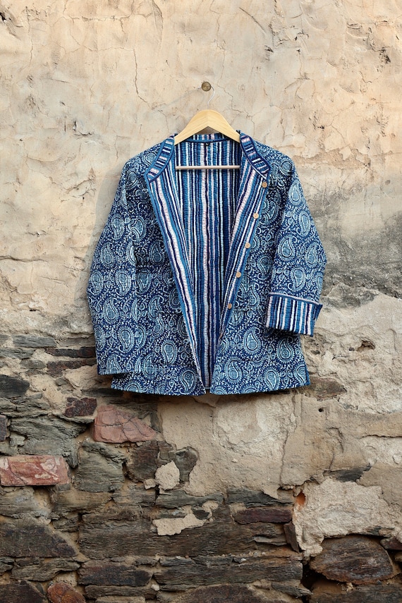 Cotton Handmade Kantha Jacket, Womens Clothing Quilted Reversible Coat,  Kimono Indian Hand Printed Vintage Boho Vest Valentines Gift for Her