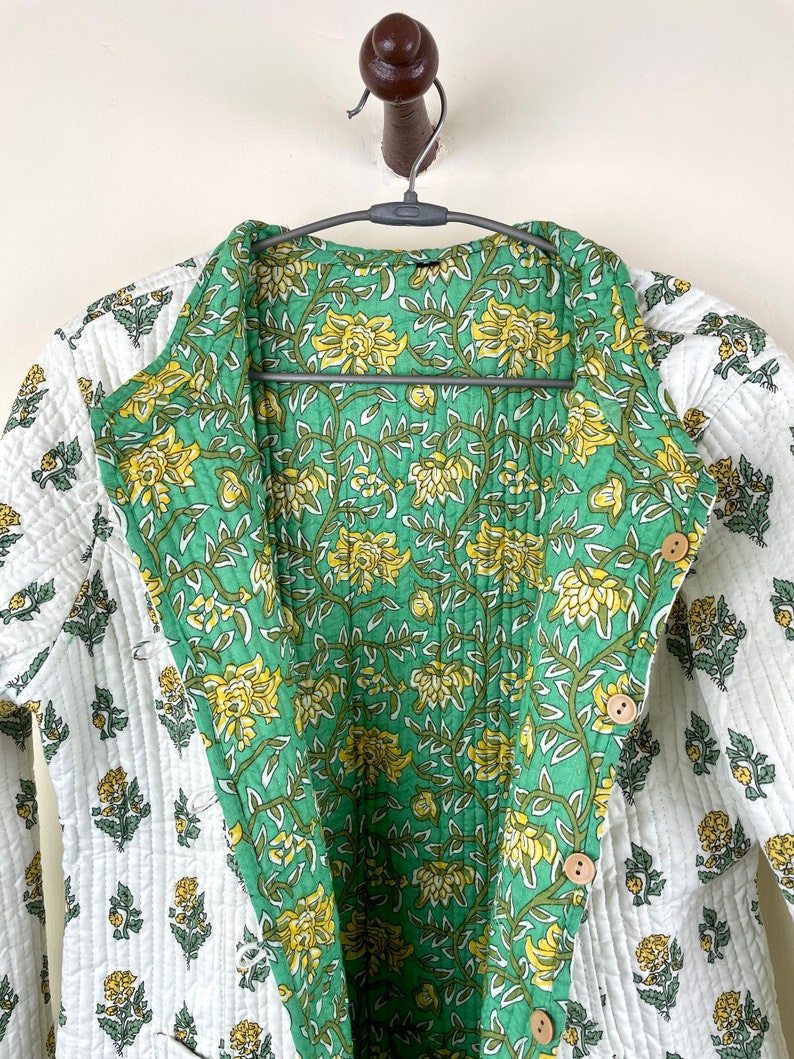 Buy Indian Handmade Quilted Cotton Fabric Jacket Stylish White & Green ...