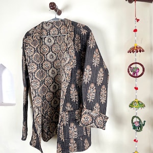 Indian Hand Block Printed Cotton Quilted Jacket, Brown Kantha Kimono Jacket, Vintage Boho Kimono Style Women&#39;s Coat, Spring Gift for her
