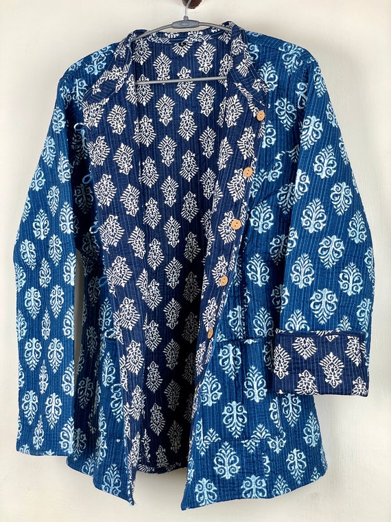 Blue cotton jacket ladies discount