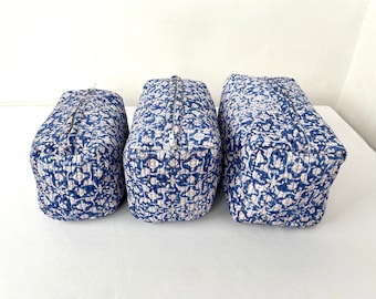 Cotton Quilted Toiletry Bag, Elegant Floral Hand Block Print Fabric Wash Bag, Pack of 3 Blue & White Makeup Bag, Gift for She, Her