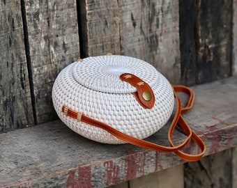 Handmade Round Rattan Crossbody Bag, Batik Lining