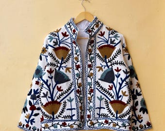 Handmade Suzani Embroidered Cotton Kimono Jacket, Boho Coat