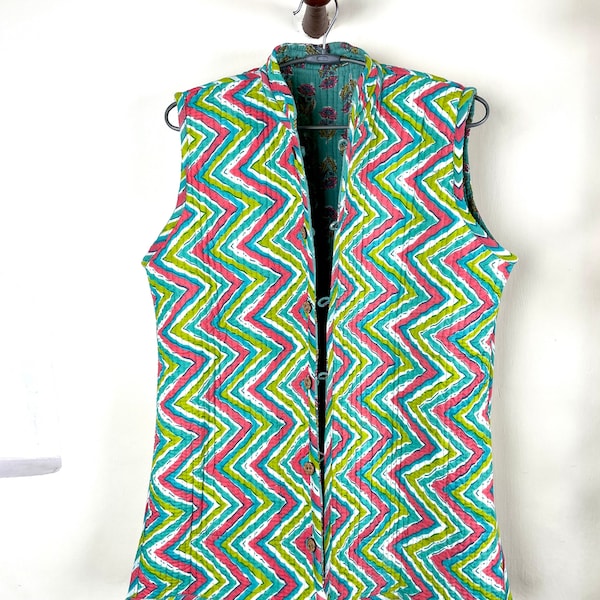 Indian Handmade Quilted Cotton Sleeveless Jacket Blue & Green Stylish Women's Coat, Reversible Jacket for Her