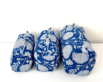 Cotton Quilted Toiletry Bag, Elegant Floral Hand Block Print Fabric Wash Bag, Pack of 3 Blue & White Makeup Bag, Gift for She, Her