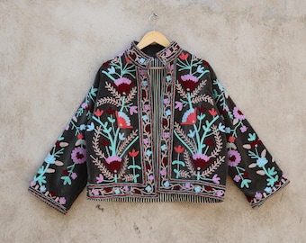 Handmade Suzani Embroidery Velvet Kimono Jacket, Boho Spring Coat