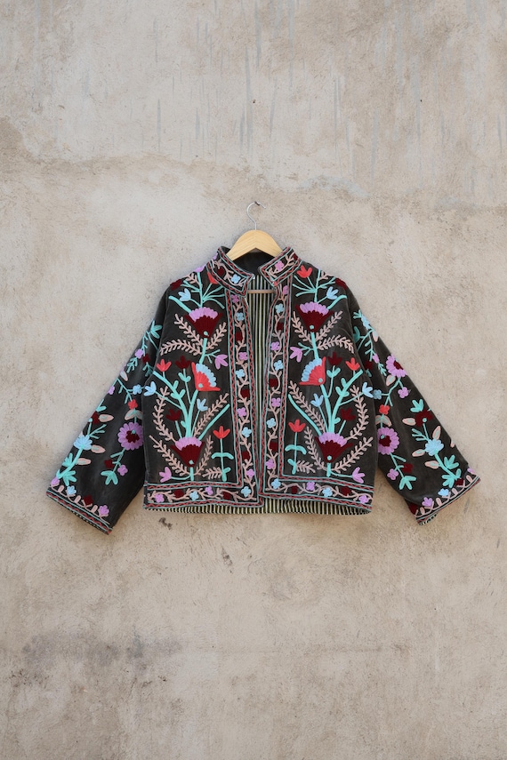 Handmade Suzani Embroidery Velvet Kimono Jacket, Boho Spring Coat