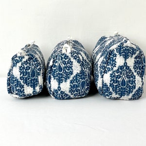 Cotton Quilted Toiletry Bag, Elegant Floral Hand Block Print Fabric Wash Bag, Pack of 3 Blue & White Makeup Bag, Gift for She, Her