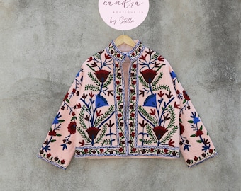 Handmade Suzani Embroidered Cotton Kimono Jacket, Boho Coat