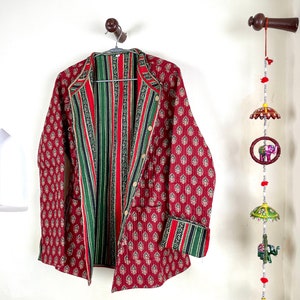 Cotton Handmade Kantha Jacket, Womens Clothing Quilted Reversible Coat, Kimono Indian Hand Printed Vintage Boho Vest Valentines Gift for Her