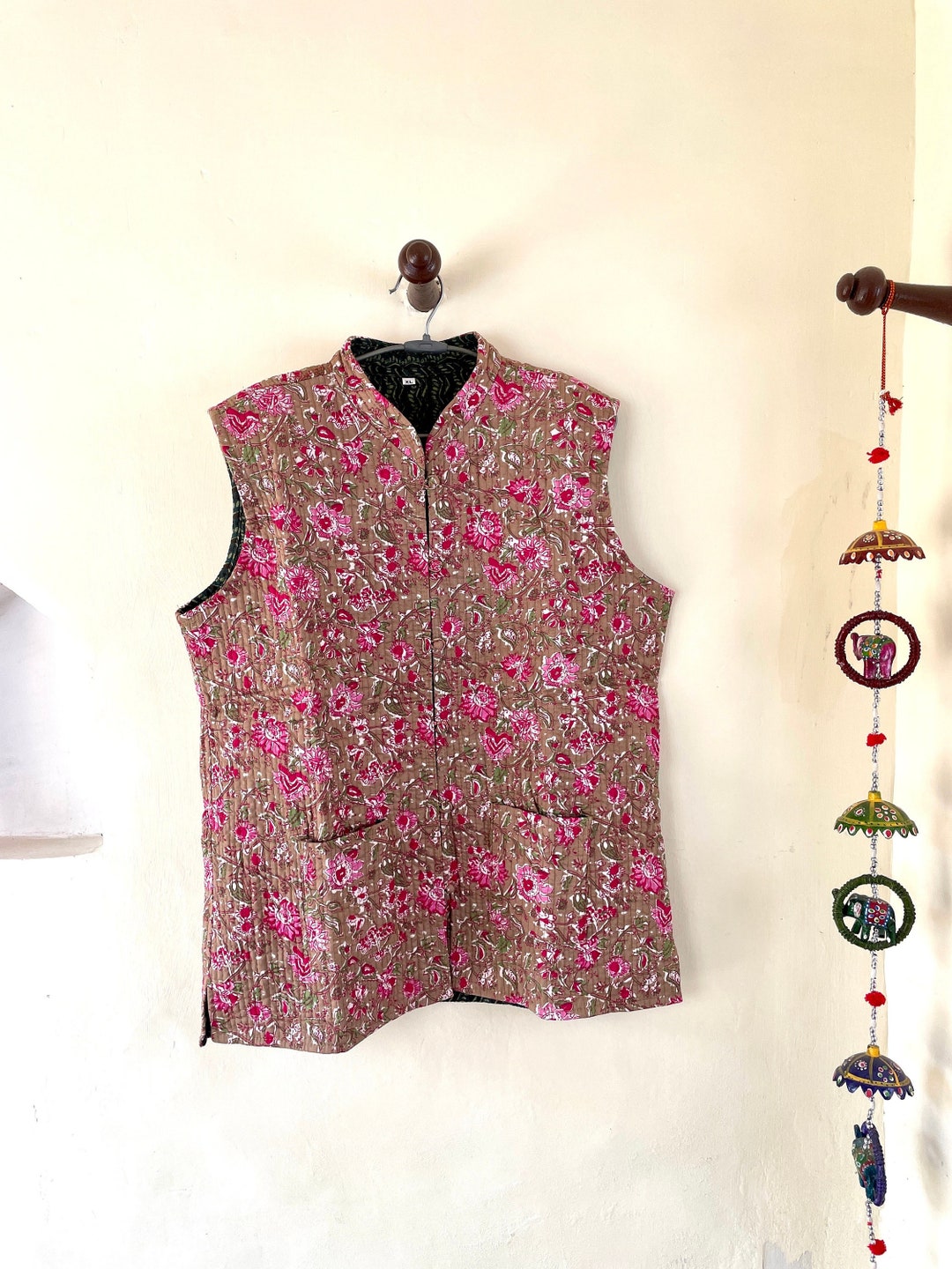 Indian Handmade Quilted Cotton Fabric Jacket Stylish Brown & Pink