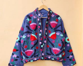 Handmade Suzani Embroidery Cotton Kimono Jacket, Boho Coat