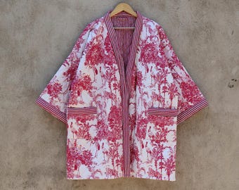 Giacca kimono trapuntata in cotone indiano fatta a mano, cappotto lungo boho