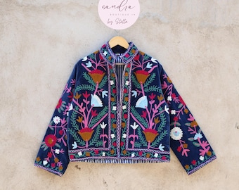 Suzani刺繍コットンベルベットジャケット、着物ジャケットハンドメイドソフトTNT生地ジャケット、レディース服コートボヘミアンジャケット春の彼女へのギフト