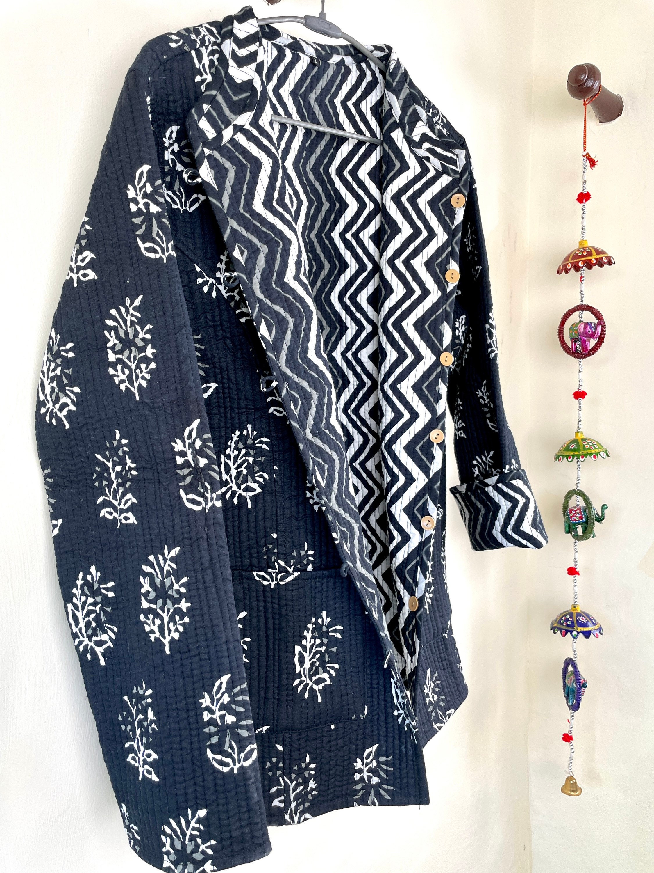 Indian Handmade Quilted Cotton Fabric Jacket Stylish Black & Etsy