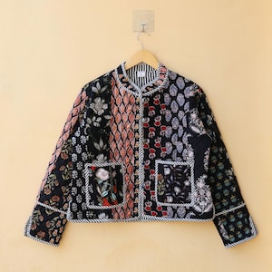 Handcrafted Cotton Quilted Patchwork Jacket, Boho Floral Reversible Coat – Vintage Kantha Kimono Style Short Jacket for Women, Gift for Her