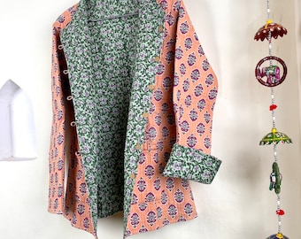 Indian Handmade Quilted Cotton Fabric Jacket Stylish Peach & Green Floral Women's Coat, Reversible Waistcoat for Her