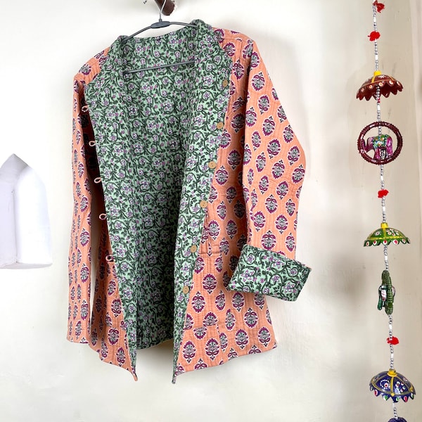 Indian Handmade Quilted Cotton Fabric Jacket Stylish Peach & Green Floral Women's Coat, Reversible Waistcoat for Her