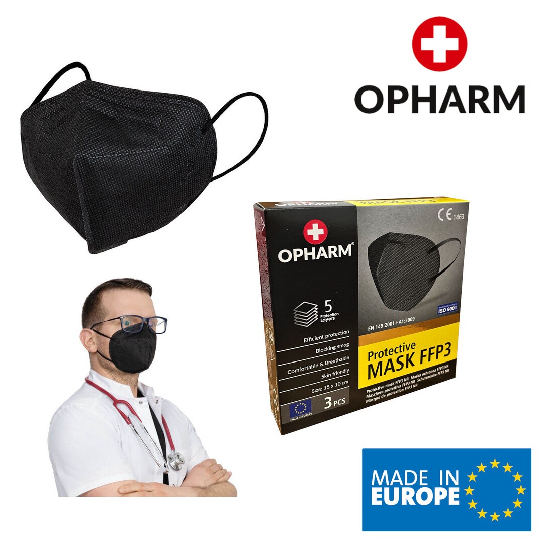 Opharm Black FFP3 Disposable Face Mask With Ear Loops Made in Europe