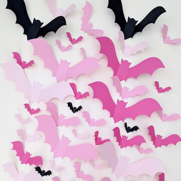 Pink Bats for Wall, Blush and Black Halloween 3D Bats, Pink Halloween Party, Cute Halloween Decorations, Pastel Halloween, Paper Wall Bats