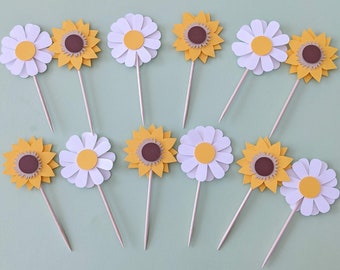 Daisy and Sunflower Cupcake Toppers, Spring Cupcake Dessert Picks, Floral Cake Toppers, Easter Birthday Party Decoration, Easter Baby Shower