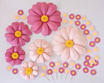 Pink Daisy Party Decorations: Floral Baby Shower Decor, Cupcake Toppers