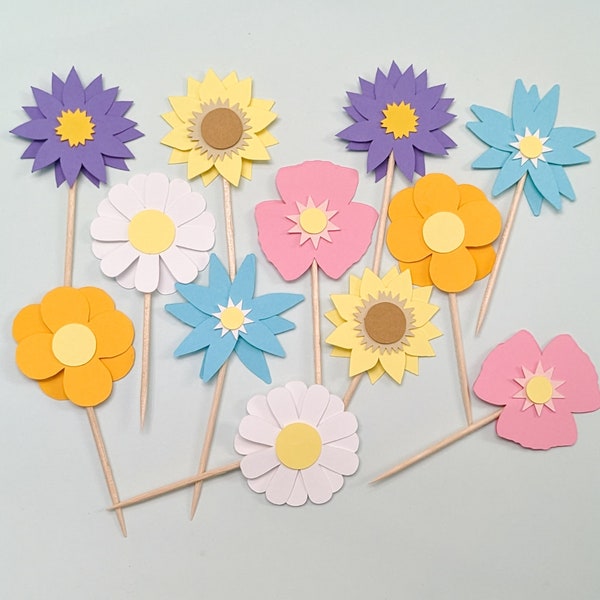 Pastel Wildflower Cake Toppers,  Mixed Flower Cupcake Decor, Wildflower Babyshower, Garden Flower Party, Floral Birthday Pick, Spring Theme