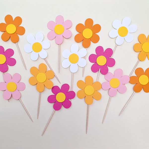 Retro Daisy Cupcake Toppers, Groovy Cupcake Toppers, Daisy Cupcake Toppers, Pink and Orange Cupcake Picks, Spring Daisy Toothpicks, Easter