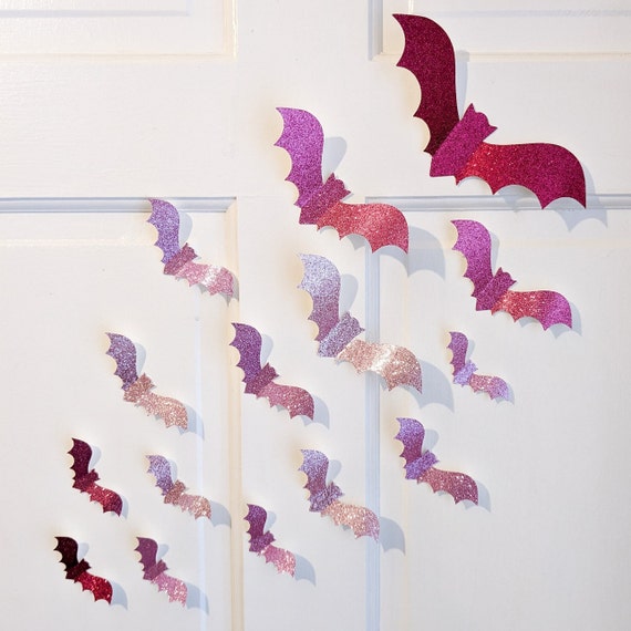 Pink Glitter Bats Wall Decor: 3D Halloween Decorations (Set of 15)